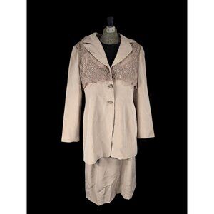 Badgley Mischka Womens Beige Embellished Silk Skirt Suit Size 12 Jacket &  Skirt